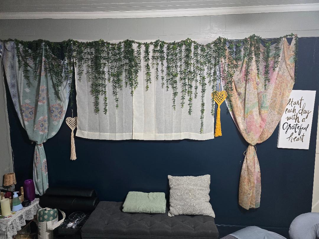 Decorative seating area in Shelley’s massage room