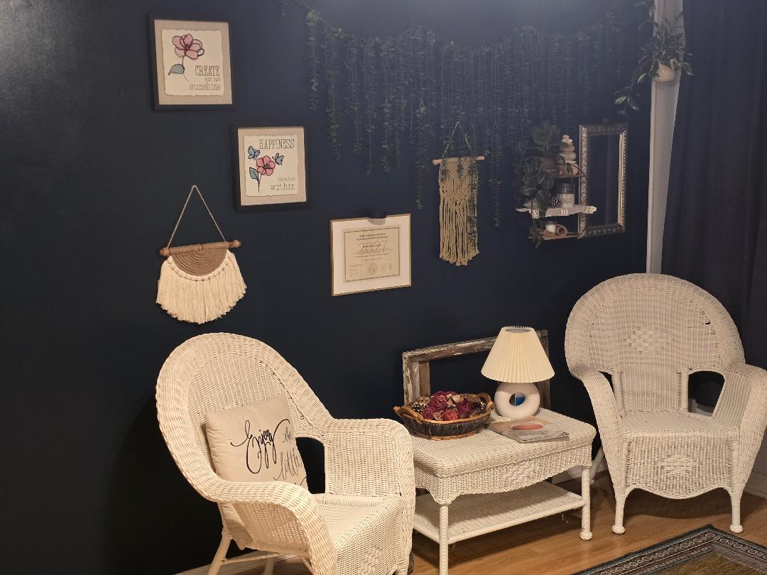 Closer view of wicker chairs and waiting area